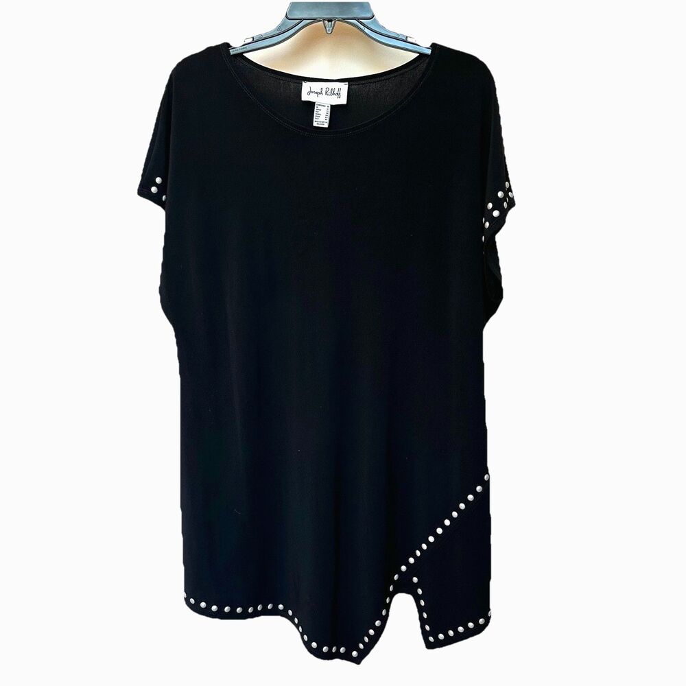 VTG Joseph Ribkoff Top Women 10 Asymmetrical Cap Sleeve Studs Black Edgy Glam